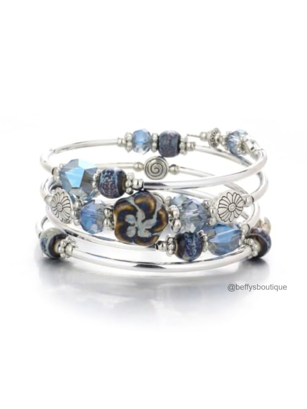 Boho Silver Wrap Bracelet Beaded Ceramic Flower Crystal Beaded Bangle